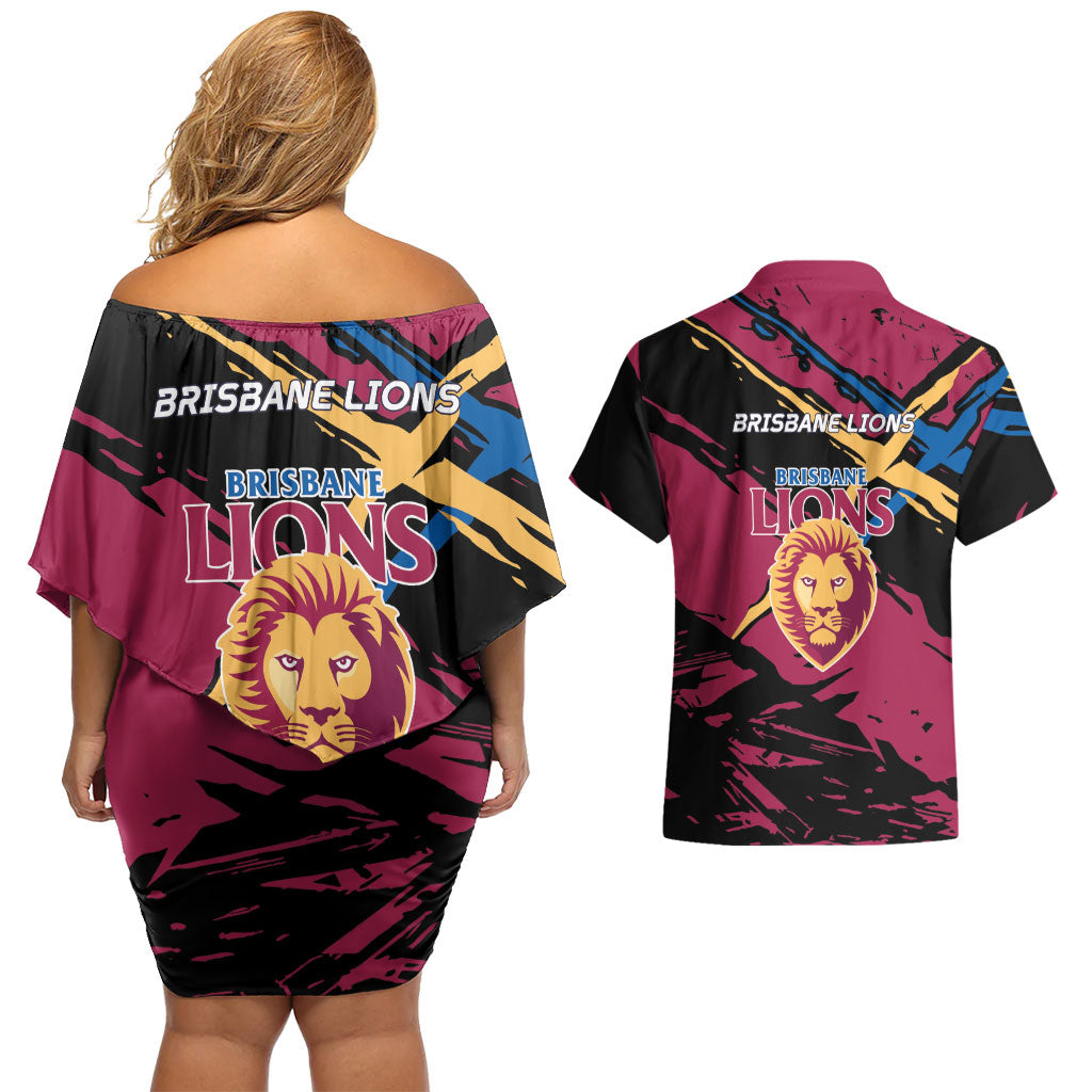 Brisbane Lions Couples Matching Off Shoulder Short Dress and Hawaiian Shirt Lions Muscular Mascot Graphic - Abstract Paint Splatter Art