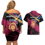 Brisbane Lions Couples Matching Off Shoulder Short Dress and Hawaiian Shirt Lions Muscular Mascot Graphic - Abstract Paint Splatter Art