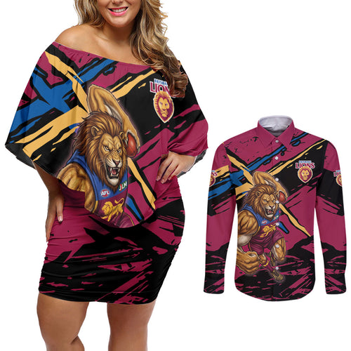 Brisbane Lions Couples Matching Off Shoulder Short Dress and Long Sleeve Button Shirt Lions Muscular Mascot Graphic - Abstract Paint Splatter Art