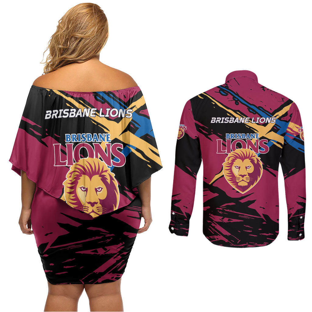 Brisbane Lions Couples Matching Off Shoulder Short Dress and Long Sleeve Button Shirt Lions Muscular Mascot Graphic - Abstract Paint Splatter Art