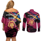 Brisbane Lions Couples Matching Off Shoulder Short Dress and Long Sleeve Button Shirt Lions Muscular Mascot Graphic - Abstract Paint Splatter Art