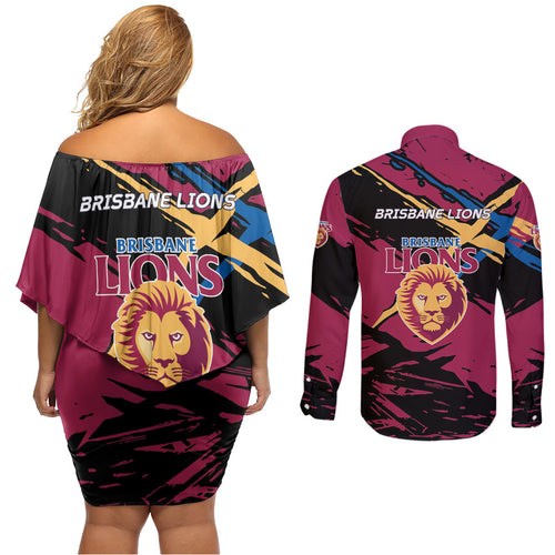 Brisbane Lions Couples Matching Off Shoulder Short Dress and Long Sleeve Button Shirt Lions Muscular Mascot Graphic - Abstract Paint Splatter Art
