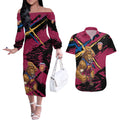 Brisbane Lions Couples Matching Off The Shoulder Long Sleeve Dress and Hawaiian Shirt Lions Muscular Mascot Graphic - Abstract Paint Splatter Art