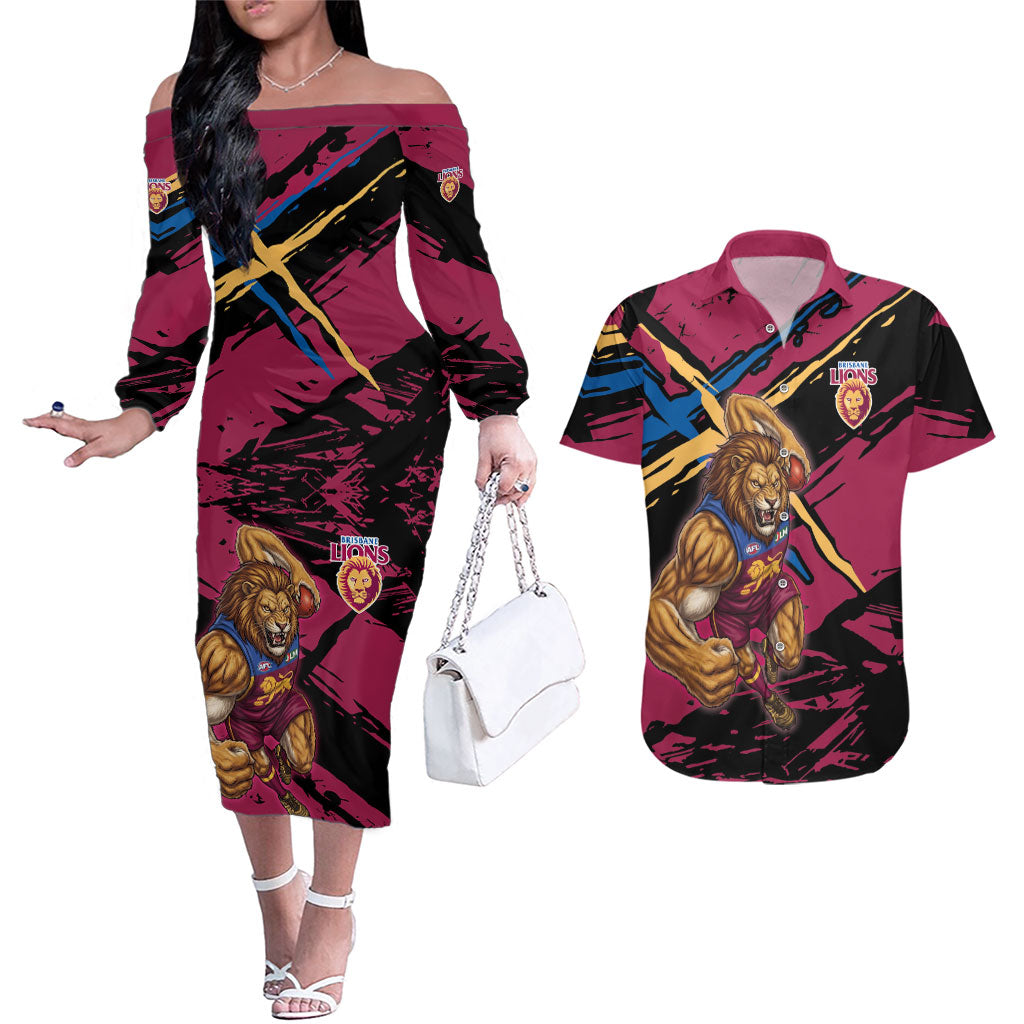 Brisbane Lions Couples Matching Off The Shoulder Long Sleeve Dress and Hawaiian Shirt Lions Muscular Mascot Graphic - Abstract Paint Splatter Art