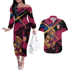 Brisbane Lions Couples Matching Off The Shoulder Long Sleeve Dress and Hawaiian Shirt Lions Muscular Mascot Graphic - Abstract Paint Splatter Art