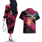 Brisbane Lions Couples Matching Off The Shoulder Long Sleeve Dress and Hawaiian Shirt Lions Muscular Mascot Graphic - Abstract Paint Splatter Art