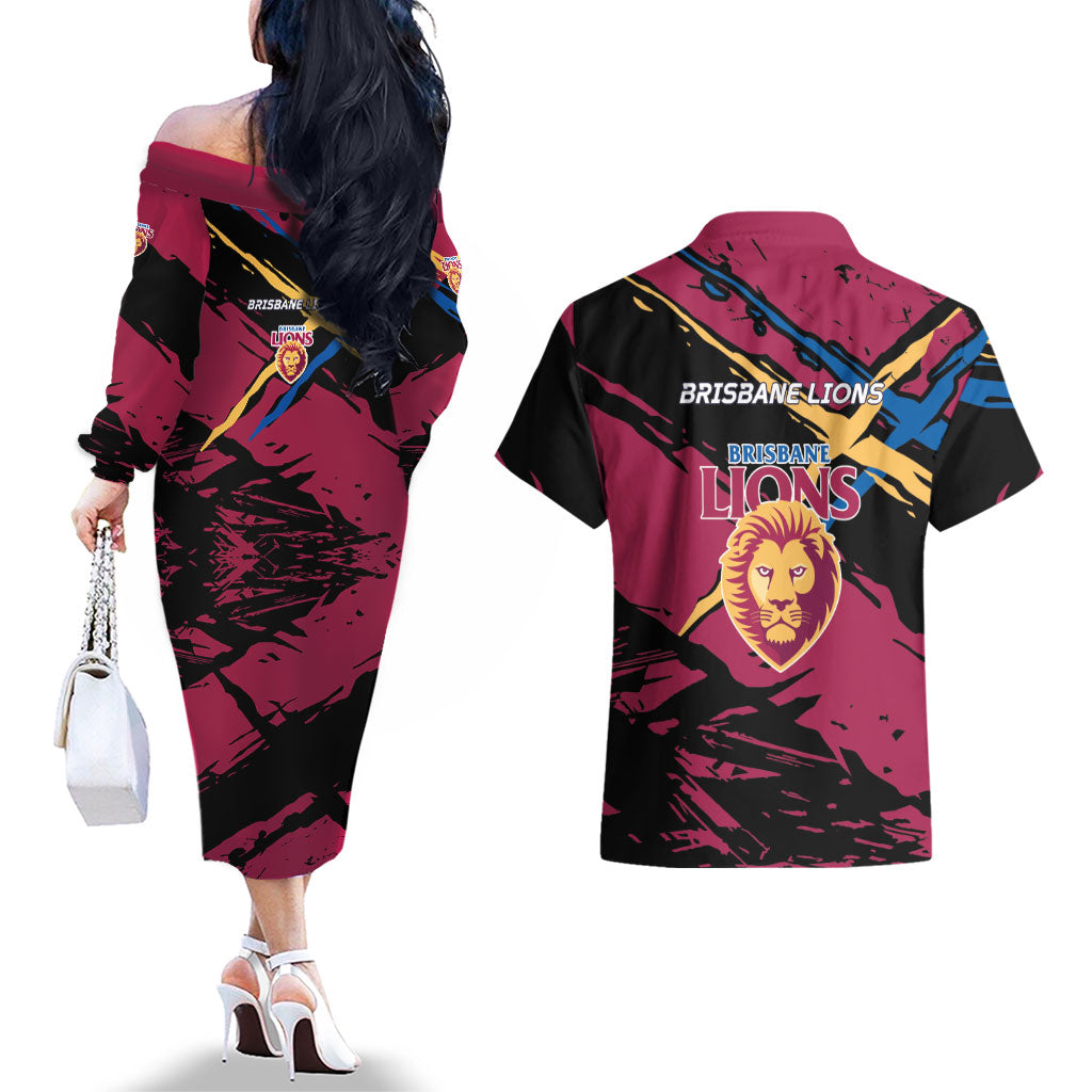 Brisbane Lions Couples Matching Off The Shoulder Long Sleeve Dress and Hawaiian Shirt Lions Muscular Mascot Graphic - Abstract Paint Splatter Art