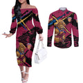 Brisbane Lions Couples Matching Off The Shoulder Long Sleeve Dress and Long Sleeve Button Shirt Lions Muscular Mascot Graphic - Abstract Paint Splatter Art
