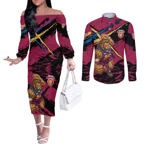 Brisbane Lions Couples Matching Off The Shoulder Long Sleeve Dress and Long Sleeve Button Shirt Lions Muscular Mascot Graphic - Abstract Paint Splatter Art