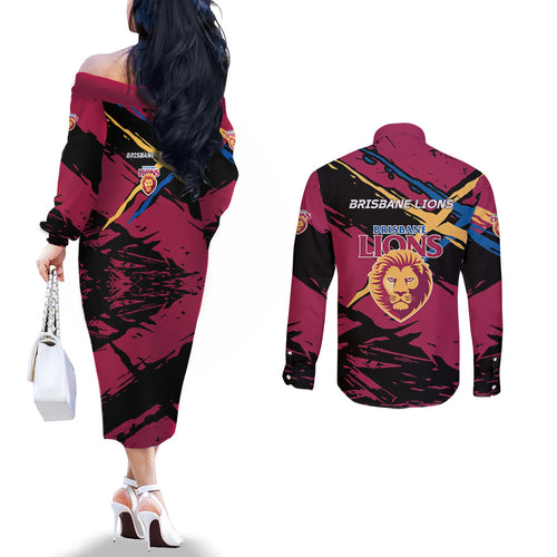 Brisbane Lions Couples Matching Off The Shoulder Long Sleeve Dress and Long Sleeve Button Shirt Lions Muscular Mascot Graphic - Abstract Paint Splatter Art