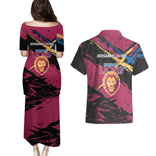 Brisbane Lions Couples Matching Puletasi and Hawaiian Shirt Lions Muscular Mascot Graphic - Abstract Paint Splatter Art