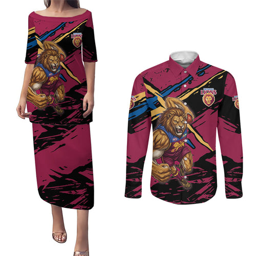 Brisbane Lions Couples Matching Puletasi and Long Sleeve Button Shirt Lions Muscular Mascot Graphic - Abstract Paint Splatter Art