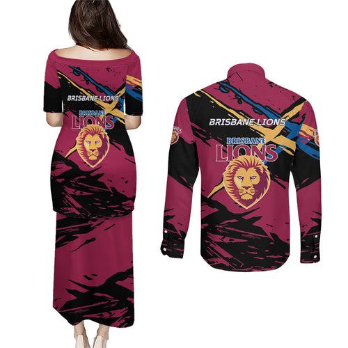Brisbane Lions Couples Matching Puletasi and Long Sleeve Button Shirt Lions Muscular Mascot Graphic - Abstract Paint Splatter Art