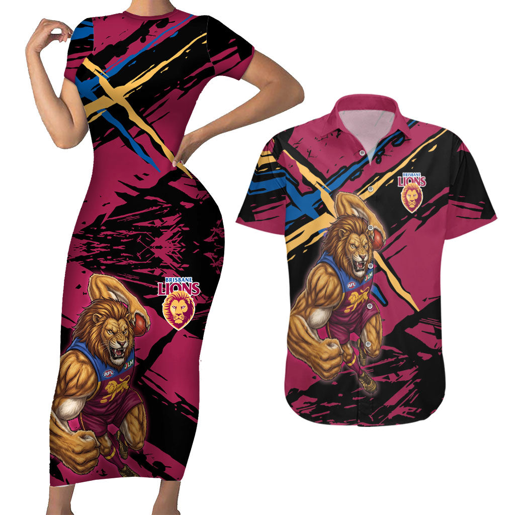 Brisbane Lions Couples Matching Short Sleeve Bodycon Dress and Hawaiian Shirt Lions Muscular Mascot Graphic - Abstract Paint Splatter Art
