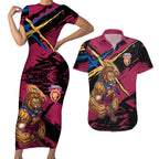 Brisbane Lions Couples Matching Short Sleeve Bodycon Dress and Hawaiian Shirt Lions Muscular Mascot Graphic - Abstract Paint Splatter Art