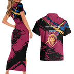 Brisbane Lions Couples Matching Short Sleeve Bodycon Dress and Hawaiian Shirt Lions Muscular Mascot Graphic - Abstract Paint Splatter Art