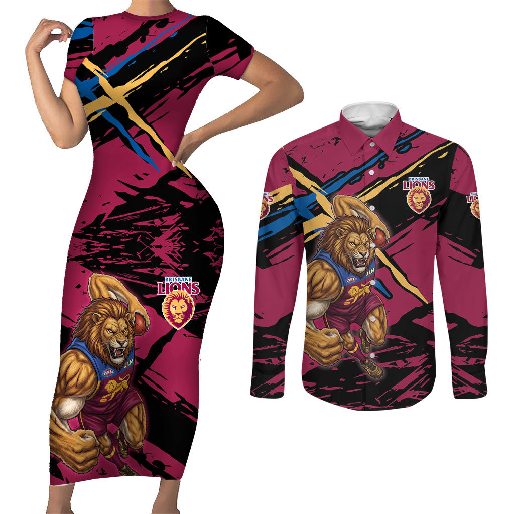 Brisbane Lions Couples Matching Short Sleeve Bodycon Dress and Long Sleeve Button Shirt Lions Muscular Mascot Graphic - Abstract Paint Splatter Art