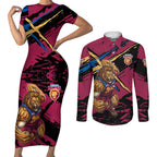 Brisbane Lions Couples Matching Short Sleeve Bodycon Dress and Long Sleeve Button Shirt Lions Muscular Mascot Graphic - Abstract Paint Splatter Art