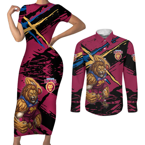Brisbane Lions Couples Matching Short Sleeve Bodycon Dress and Long Sleeve Button Shirt Lions Muscular Mascot Graphic - Abstract Paint Splatter Art