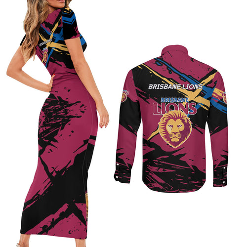 Brisbane Lions Couples Matching Short Sleeve Bodycon Dress and Long Sleeve Button Shirt Lions Muscular Mascot Graphic - Abstract Paint Splatter Art
