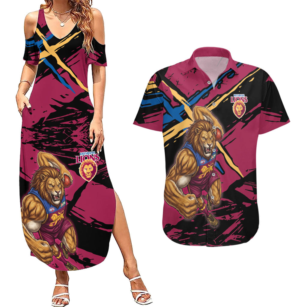 Brisbane Lions Couples Matching Summer Maxi Dress and Hawaiian Shirt Lions Muscular Mascot Graphic - Abstract Paint Splatter Art