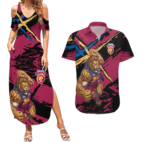 Brisbane Lions Couples Matching Summer Maxi Dress and Hawaiian Shirt Lions Muscular Mascot Graphic - Abstract Paint Splatter Art