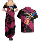 Brisbane Lions Couples Matching Summer Maxi Dress and Hawaiian Shirt Lions Muscular Mascot Graphic - Abstract Paint Splatter Art