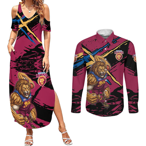 Brisbane Lions Couples Matching Summer Maxi Dress and Long Sleeve Button Shirt Lions Muscular Mascot Graphic - Abstract Paint Splatter Art