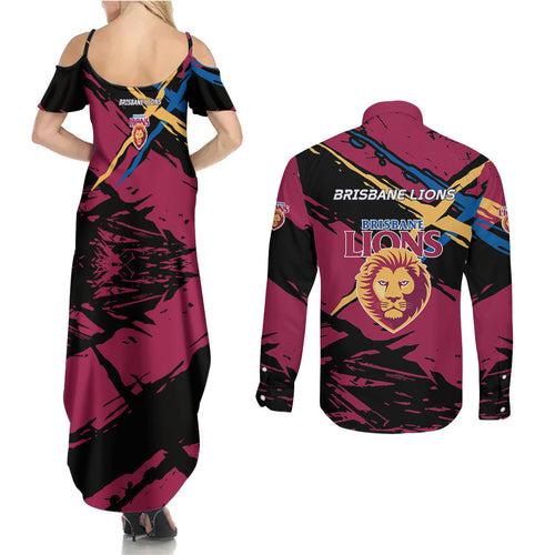 Brisbane Lions Couples Matching Summer Maxi Dress and Long Sleeve Button Shirt Lions Muscular Mascot Graphic - Abstract Paint Splatter Art
