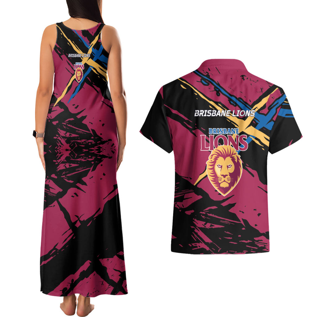 Brisbane Lions Couples Matching Tank Maxi Dress and Hawaiian Shirt Lions Muscular Mascot Graphic - Abstract Paint Splatter Art