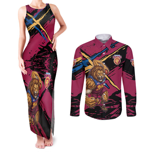 Brisbane Lions Couples Matching Tank Maxi Dress and Long Sleeve Button Shirt Lions Muscular Mascot Graphic - Abstract Paint Splatter Art
