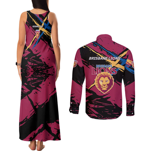 Brisbane Lions Couples Matching Tank Maxi Dress and Long Sleeve Button Shirt Lions Muscular Mascot Graphic - Abstract Paint Splatter Art