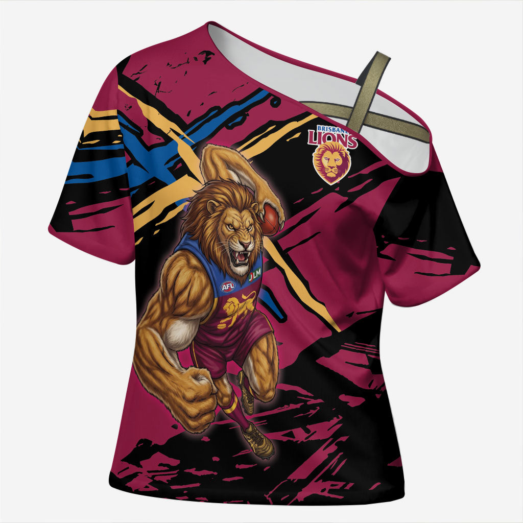 Brisbane Lions Cross Shoulder Shirt Lions Muscular Mascot Graphic - Abstract Paint Splatter Art