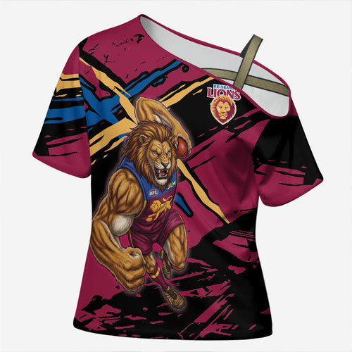 Brisbane Lions Cross Shoulder Shirt Lions Muscular Mascot Graphic - Abstract Paint Splatter Art