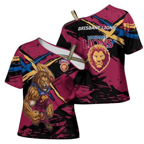 Brisbane Lions Cross Shoulder Shirt Lions Muscular Mascot Graphic - Abstract Paint Splatter Art