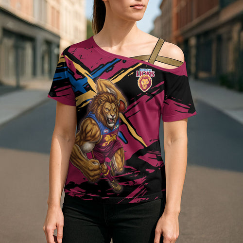 Brisbane Lions Cross Shoulder Shirt Lions Muscular Mascot Graphic - Abstract Paint Splatter Art