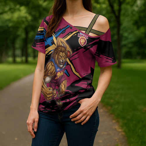 Brisbane Lions Cross Shoulder Shirt Lions Muscular Mascot Graphic - Abstract Paint Splatter Art