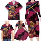 Brisbane Lions Family Matching Long Sleeve Bodycon Dress and Hawaiian Shirt Lions Muscular Mascot Graphic - Abstract Paint Splatter Art