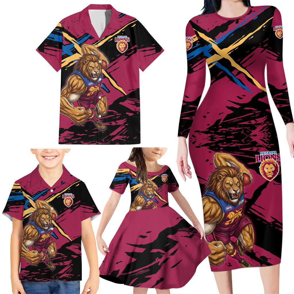 Brisbane Lions Family Matching Long Sleeve Bodycon Dress and Hawaiian Shirt Lions Muscular Mascot Graphic - Abstract Paint Splatter Art