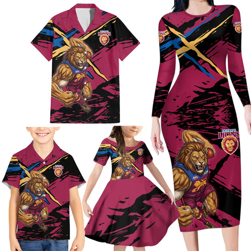 Brisbane Lions Family Matching Long Sleeve Bodycon Dress and Hawaiian Shirt Lions Muscular Mascot Graphic - Abstract Paint Splatter Art
