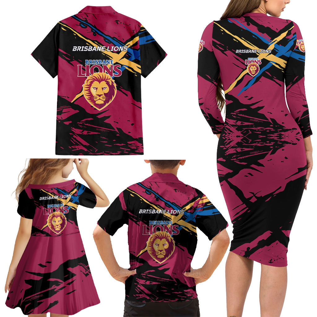 Brisbane Lions Family Matching Long Sleeve Bodycon Dress and Hawaiian Shirt Lions Muscular Mascot Graphic - Abstract Paint Splatter Art