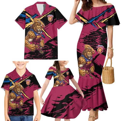 Brisbane Lions Family Matching Mermaid Dress and Hawaiian Shirt Lions Muscular Mascot Graphic - Abstract Paint Splatter Art