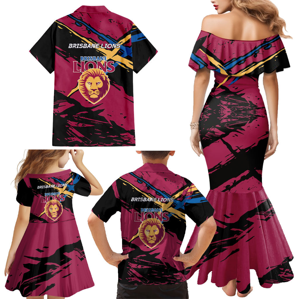Brisbane Lions Family Matching Mermaid Dress and Hawaiian Shirt Lions Muscular Mascot Graphic - Abstract Paint Splatter Art