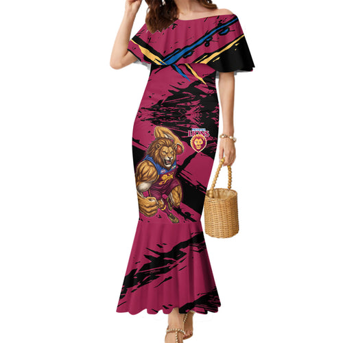 Brisbane Lions Family Matching Mermaid Dress and Hawaiian Shirt Lions Muscular Mascot Graphic - Abstract Paint Splatter Art