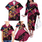 Brisbane Lions Family Matching Off The Shoulder Long Sleeve Dress and Hawaiian Shirt Lions Muscular Mascot Graphic - Abstract Paint Splatter Art