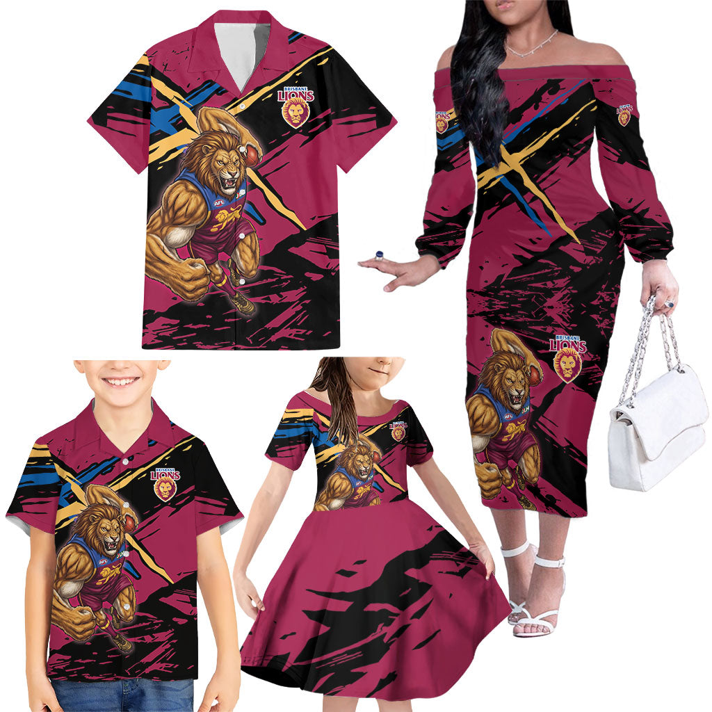Brisbane Lions Family Matching Off The Shoulder Long Sleeve Dress and Hawaiian Shirt Lions Muscular Mascot Graphic - Abstract Paint Splatter Art