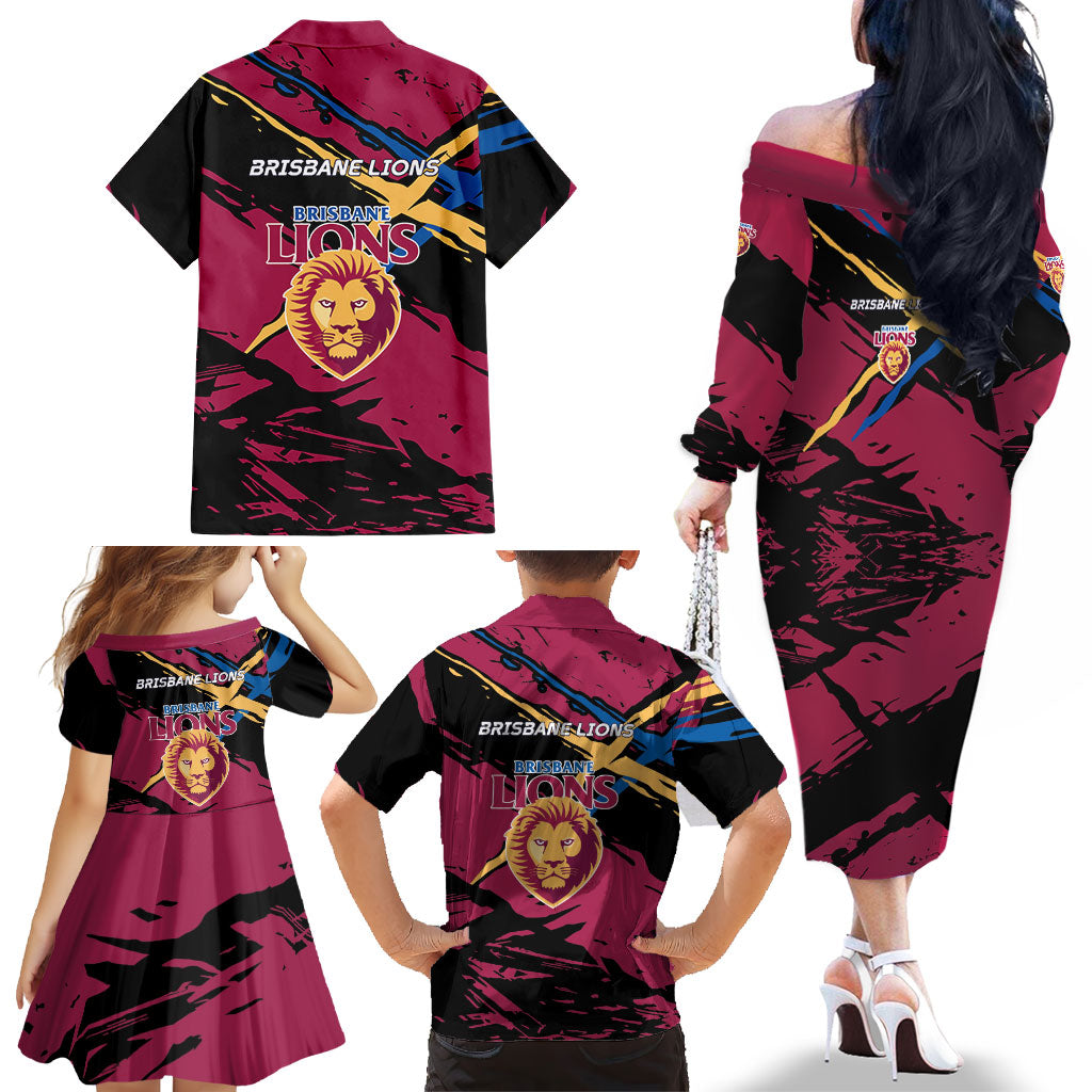 Brisbane Lions Family Matching Off The Shoulder Long Sleeve Dress and Hawaiian Shirt Lions Muscular Mascot Graphic - Abstract Paint Splatter Art