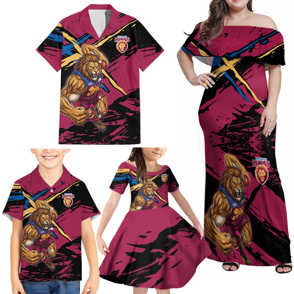 Brisbane Lions Family Matching Off Shoulder Maxi Dress and Hawaiian Shirt Lions Muscular Mascot Graphic - Abstract Paint Splatter Art