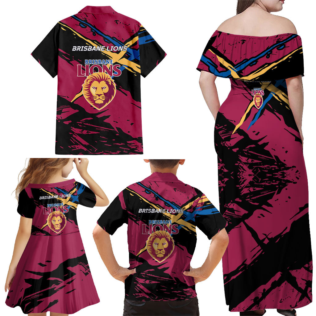 Brisbane Lions Family Matching Off Shoulder Maxi Dress and Hawaiian Shirt Lions Muscular Mascot Graphic - Abstract Paint Splatter Art