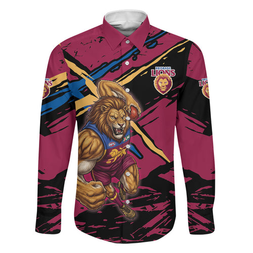 Brisbane Lions Family Matching Off Shoulder Maxi Dress and Hawaiian Shirt Lions Muscular Mascot Graphic - Abstract Paint Splatter Art